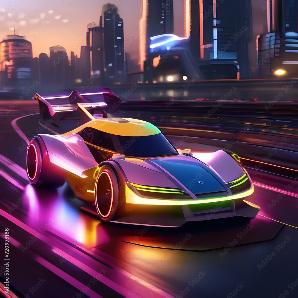 Futuristic hovercar race, high-speed vehicles in a neon-lit urban circuit, sci-fi illustration1