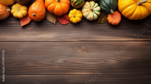 Autumn background with pumpkins and leaves on wooden board, copy space Generative AI