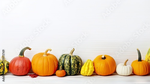 Autumn pumpkins on white wooden background with copy space for your text Generative AI