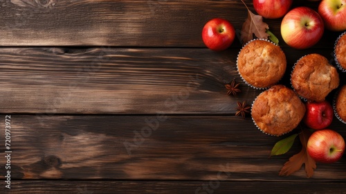 Fresh apples and muffins on rustic wooden background with copy space Generative AI