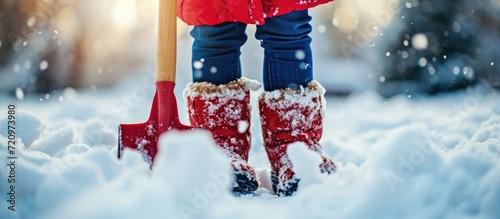 Child playing in the snow with winter boots, shovel, close-up. © 2rogan