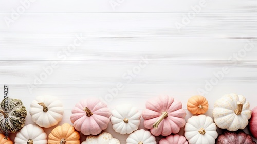 Creative layout made of decorative pumpkins on white wooden background. Flat lay, top view, copy space Generative AI