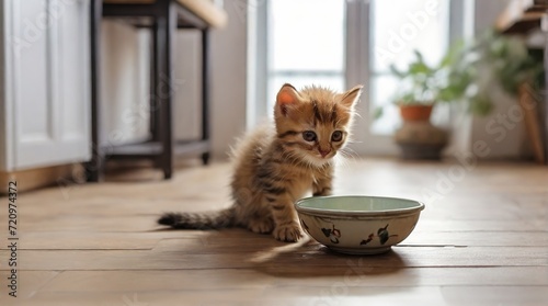 A funny little cute kitten is eating dry food from a bowl. The kitten is licking its lips, delicious food. a kitten eats at home, the concept of caring and loving for a pet