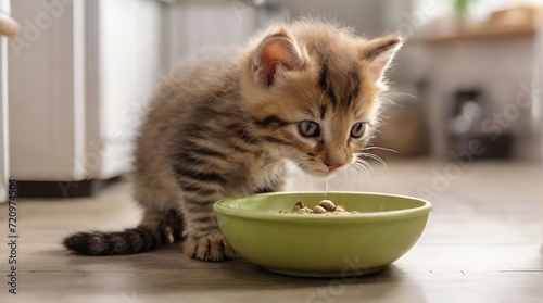 A funny little cute kitten is eating dry food from a bowl. The kitten is licking its lips  delicious food. a kitten eats at home  the concept of caring and loving for a pet