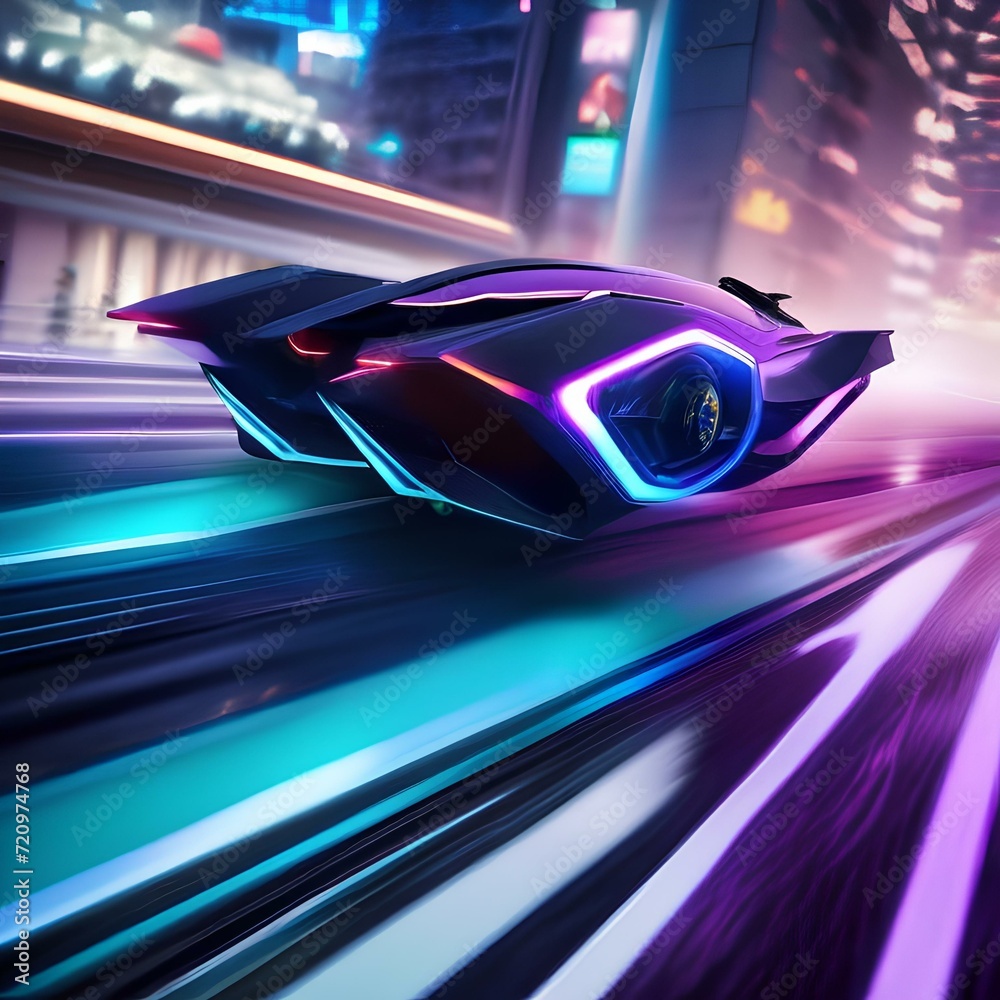 Futuristic hovercar race, high-speed vehicles in a neon-lit urban ...