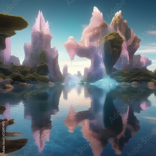 Crystalized world, fantasy landscape with crystalline formations and floating islands1 photo