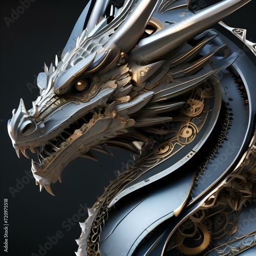 Mechanical dragon, made of gears and metallic scales, breathing steam, fantasy illustration1 photo