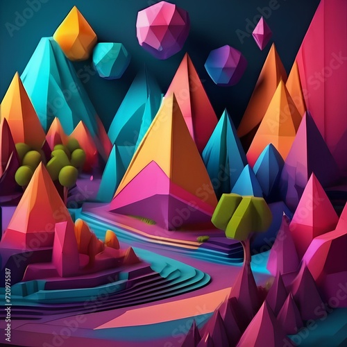 Abstract polygonal landscape  low-poly design with vibrant colors  3D rendering4