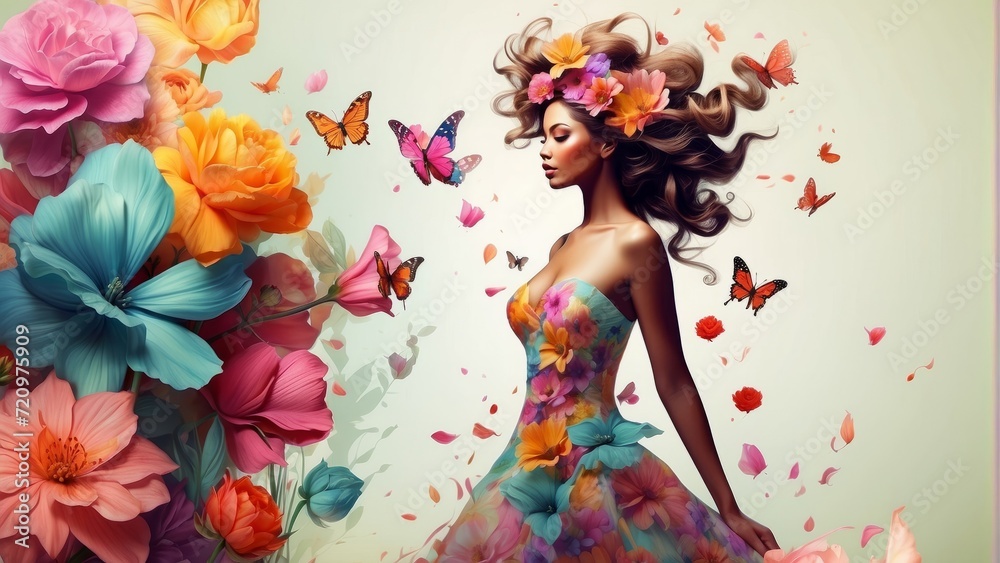 Blooms and Wings: Woman Adorned in Colorful Dress.