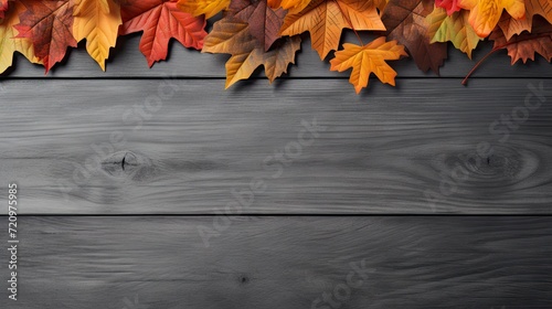 Autumn leaves on dark wooden background with space for your text. Generative AI