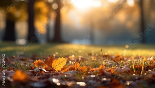 Autumn Leaves on Grass in Park with Lens Flare AI Generated
