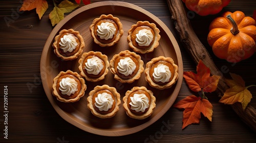 Pumpkin tartlets with whipped cream and autumn leaves on wooden background Generative AI