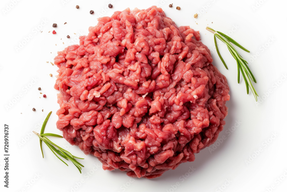 Minced meat on white, production concept. Background with selective focus and copy space Minced meat on white, production concept. Background with selective focus and copy space