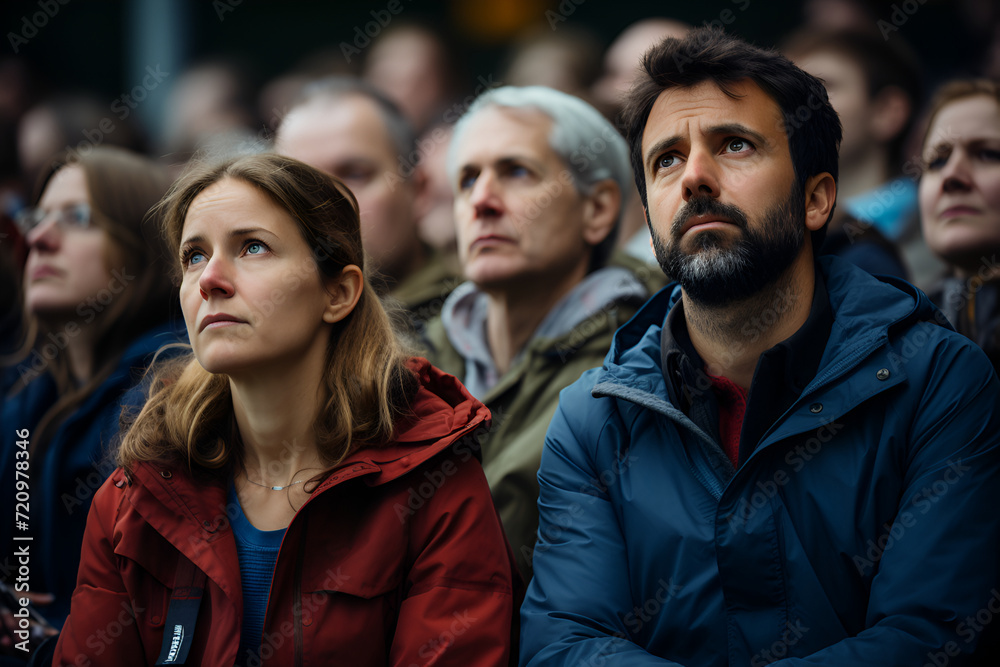 Diverse group of people gathered at an outdoor event, listening attentively to speaker generated AI Diverse group of people gathered at an outdoor event, listening attentively to speaker generated AI
