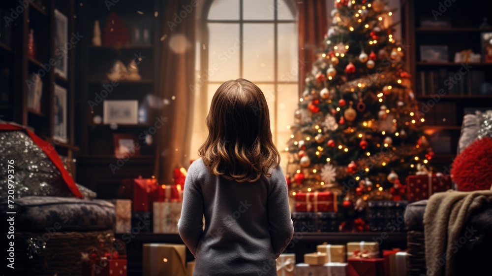 Little Girl in Christmas Decorated Living Room AI Generated