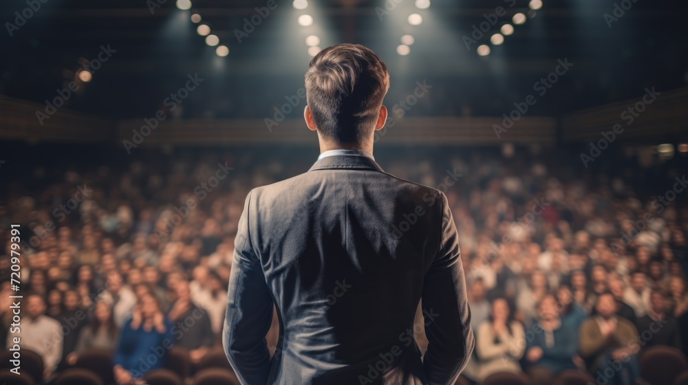 Rear view of businessman standing in front of audience in conference hall Generative AI