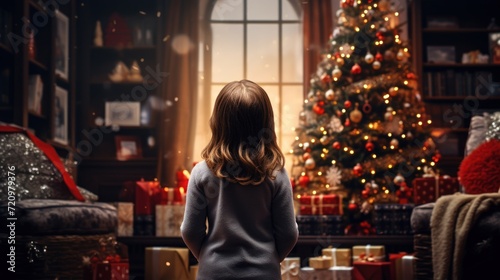Little Girl in Christmas Decorated Living Room AI Generated