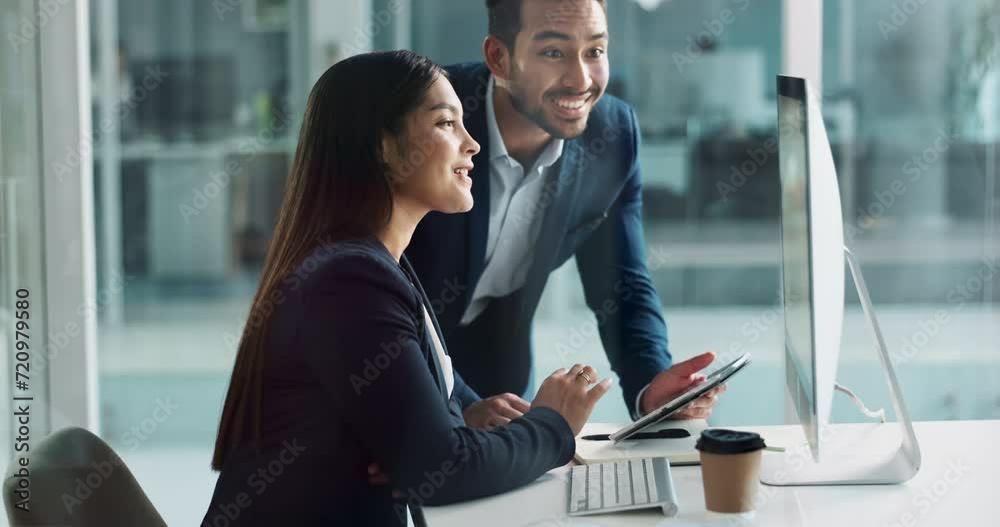 Business people, teamwork and planning on computer, tablet and comparison in multimedia research or report. Man and woman with Information technology solution, results or support for digital software