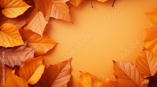 Autumn leaves frame on orange background with copy space, flat lay Generative AI