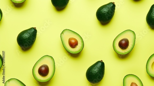 Avocado pattern on yellow background. Minimal summer concept. Flat lay, top view.