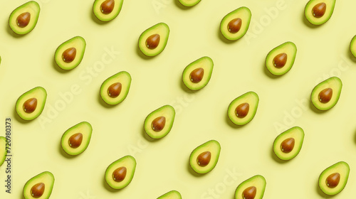 Avocado pattern on yellow background. Minimal summer concept. Flat lay, top view.