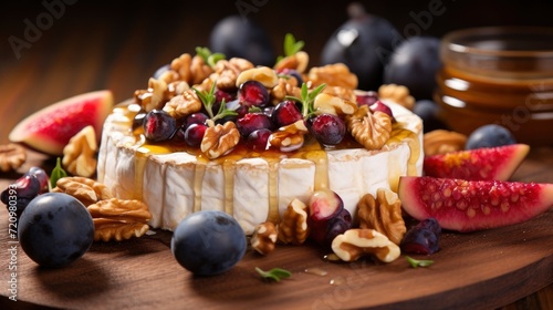 Camembert cheese with honey, nuts and berries on wooden background Generative AI