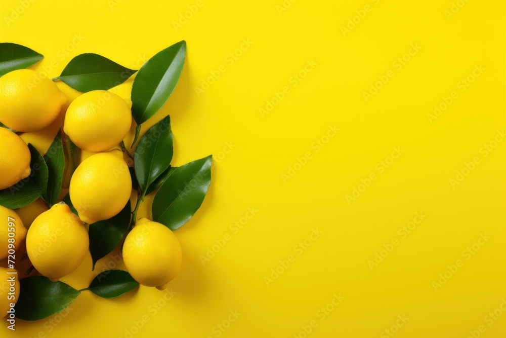 Fresh lemons with green leaves on yellow background. Top view, copy space