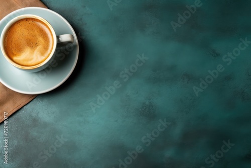 Coffee cup on turquoise background. Top view.