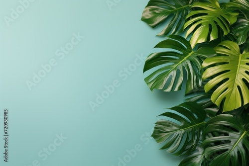 Tropical leaves monstera on turquoise background with copy space