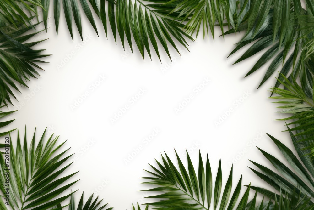 Tropical palm leaves on a white background with space for text
