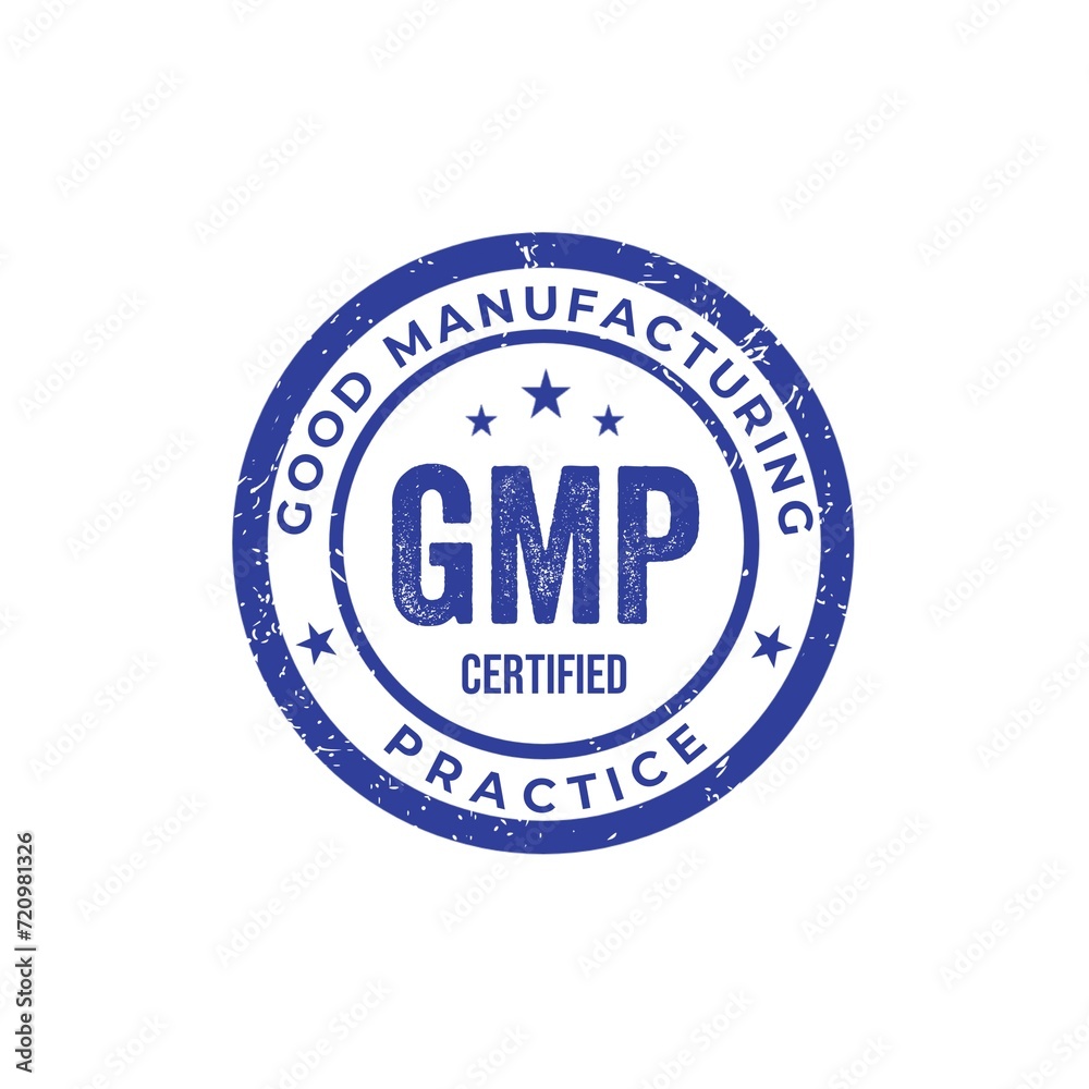 GMP stamp. Good Manufacturing Practice, certified round stamp on white background. Blue stamp.