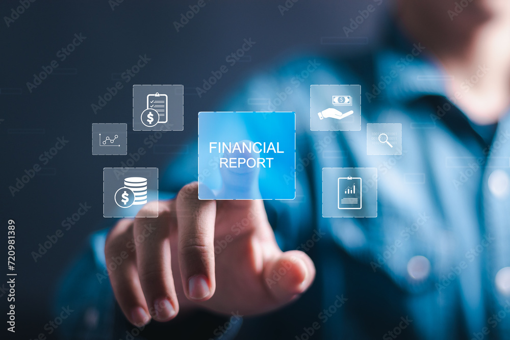 Financial data report analysis concept. businessman touching virtual screen of financial report for development and management of financial accounts.