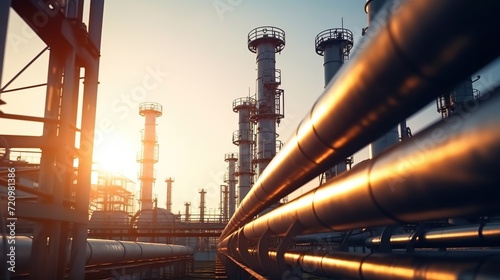 An oil and gas refining plant with pipeline fittings. Storage and export of gas and petroleum products, environmental pollution by chemical products,oil and gas plant