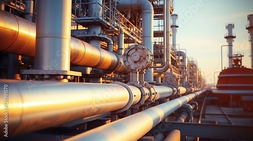 An oil and gas refining plant with pipeline fittings. Storage and export of gas and petroleum products, environmental pollution by chemical products,oil and gas plant
