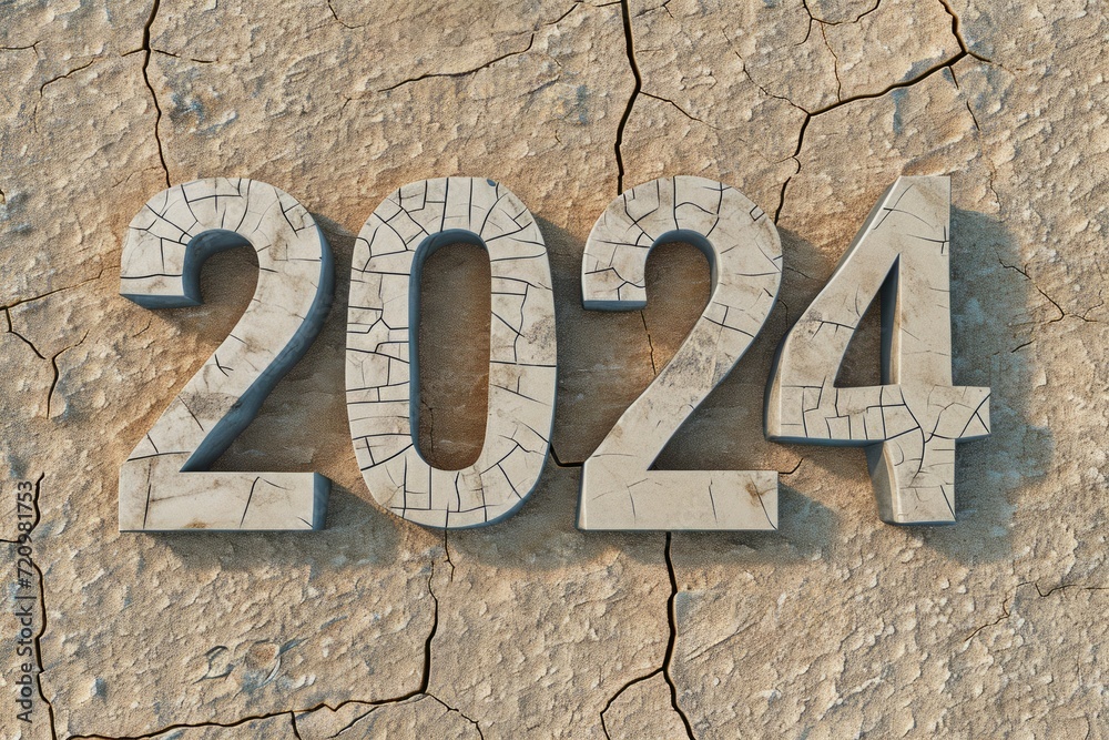 Numbers 2024 in the desert, concept of the hottest summer. Backdrop with selective focus and copy space Numbers 2024 in the desert, concept of the hottest summer. Backdrop with selective focus and copy space