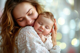 portrait of happy mum holding sleeping infant child on hands