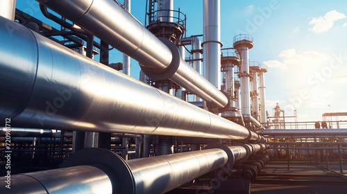An oil and gas refining plant with pipeline fittings. Storage and export of gas and petroleum products, environmental pollution by chemical products,oil and gas plant