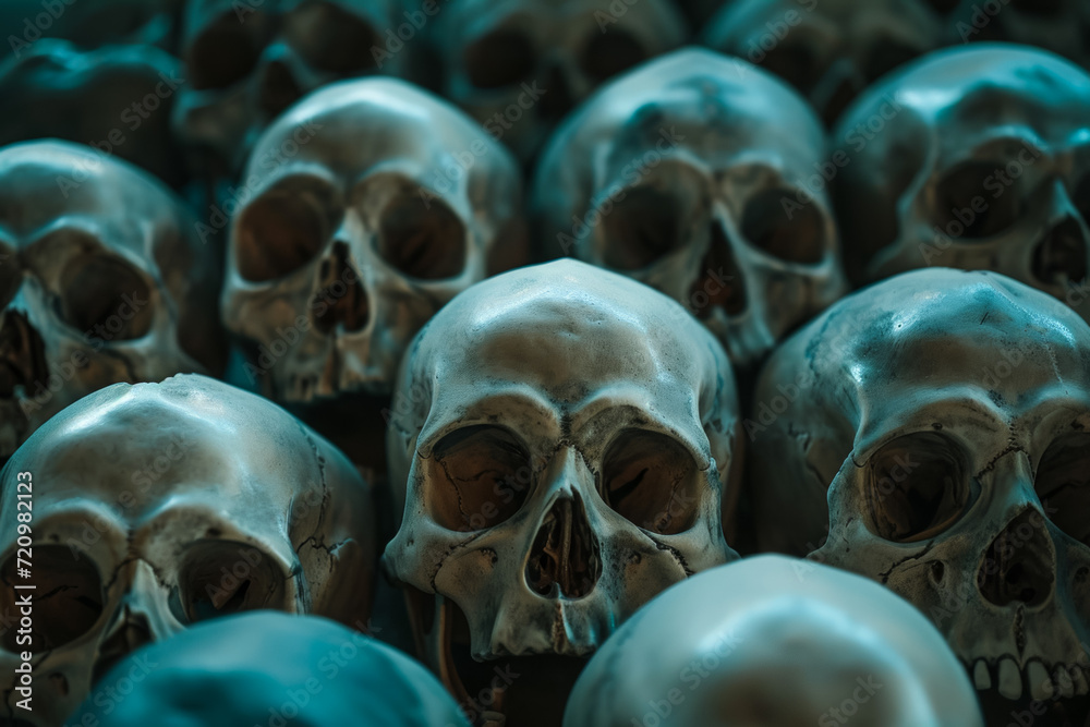 Fototapeta premium Skulls in a cold tone. Backdrop for design with selective focus and copy space.