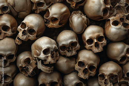 Human skulls, horror concept. Backdrop for design with selective focus and copy space.