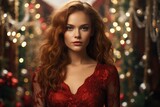 Beautiful Ginger Woman Wearing Christmas Elegant Santa Outfit Standing Next to a Christmas Tree AI Generated
