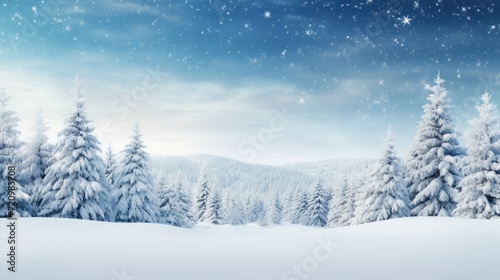 Winter landscape with snowy fir trees. Christmas background. 3d render Generative AI