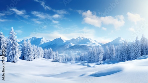 Beautiful winter landscape with snow covered trees (3d render) Generative AI