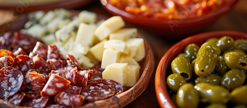 Andalusian interior serving Spanish tapas with sliced goat, sheep, and manchego cheeses, alongside green olives. photo