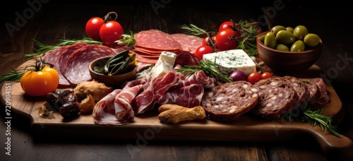 Assorted gourmet meats and cheese on wooden platter. Gourmet food selection.