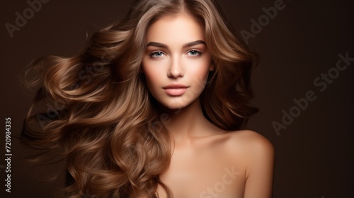 Portrait of beautiful young woman with long curly hair. Perfect makeup. Generative AI