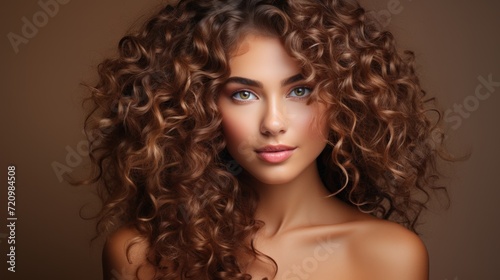 Beautiful young woman with long curly hair. Portrait of a girl with makeup and hairstyle. Generative AI