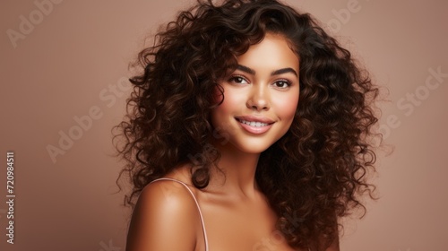 Portrait of beautiful young woman with curly hair. Perfect skin. Generative AI