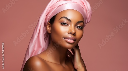 Beautiful african american woman with pink towel on her head Generative AI