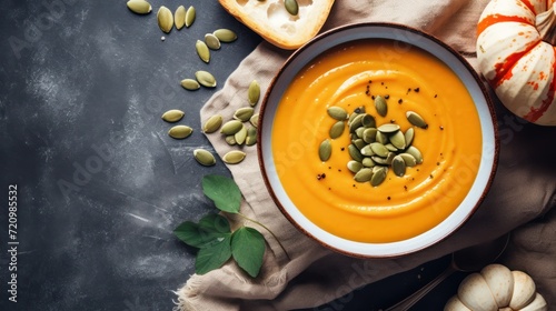 A Woman's hands holding bowl with creamy pumpkin soup on stone surface with spoon, top view Cozy fall dinner