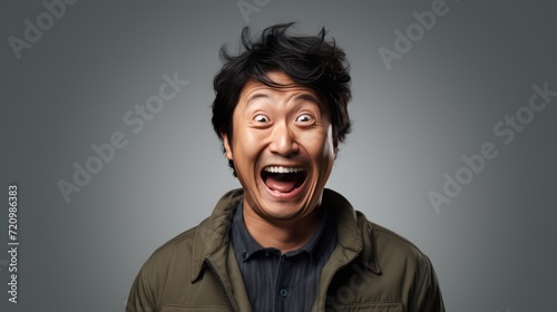 A Wow and surprised face Asian man in white t-shirt with hand point on empty space on a white isolated transparent background. © Phoophinyo